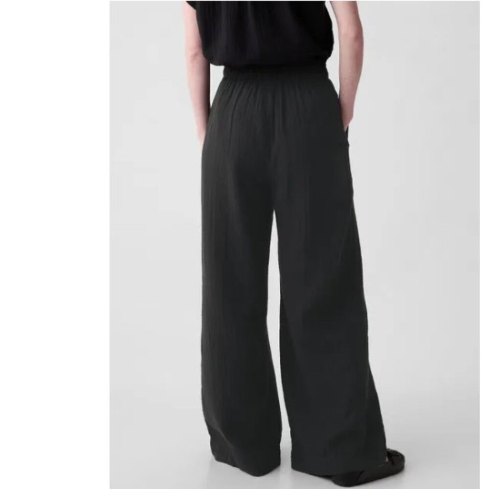 GAP Crinkle Gauze Wide Leg Pants Womens Large Tall Black Cotton Pull On - Picture 2 of 10